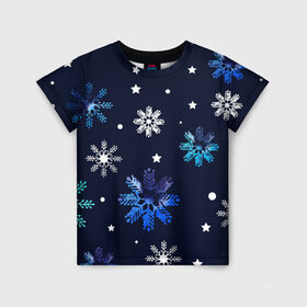 Детская футболка 3D с принтом Падающие снежинки уходящей зимы в Курске, 100% гипоаллергенный полиэфир | прямой крой, круглый вырез горловины, длина до линии бедер, чуть спущенное плечо, ткань немного тянется | Тематика изображения на принте: джинсовая | необычная | падают | синяя текстура | снежинки | текстура