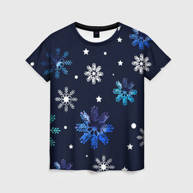 Женская футболка 3D с принтом Падающие снежинки уходящей зимы в Курске, 100% полиэфир ( синтетическое хлопкоподобное полотно) | прямой крой, круглый вырез горловины, длина до линии бедер | Тематика изображения на принте: джинсовая | необычная | падают | синяя текстура | снежинки | текстура