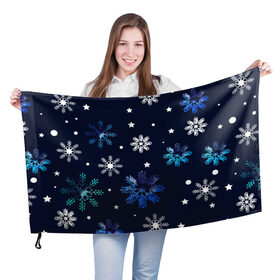 Флаг 3D с принтом Падающие снежинки уходящей зимы в Курске, 100% полиэстер | плотность ткани — 95 г/м2, размер — 67 х 109 см. Принт наносится с одной стороны | Тематика изображения на принте: джинсовая | необычная | падают | синяя текстура | снежинки | текстура