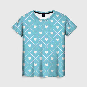 Женская футболка 3D с принтом Белые сердечки на голубом фоне в Курске, 100% полиэфир ( синтетическое хлопкоподобное полотно) | прямой крой, круглый вырез горловины, длина до линии бедер | белый | квадраты | многоугольники. точки | ромбы | сердце | узор | фон