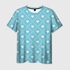 Мужская футболка 3D с принтом Белые сердечки на голубом фоне в Курске, 100% полиэфир | прямой крой, круглый вырез горловины, длина до линии бедер | белый | квадраты | многоугольники. точки | ромбы | сердце | узор | фон