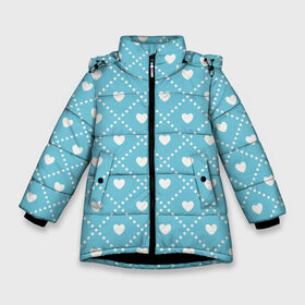 Зимняя куртка для девочек 3D с принтом Белые сердечки на голубом фоне в Курске, ткань верха — 100% полиэстер; подклад — 100% полиэстер, утеплитель — 100% полиэстер. | длина ниже бедра, удлиненная спинка, воротник стойка и отстегивающийся капюшон. Есть боковые карманы с листочкой на кнопках, утяжки по низу изделия и внутренний карман на молнии. 

Предусмотрены светоотражающий принт на спинке, радужный светоотражающий элемент на пуллере молнии и на резинке для утяжки. | белый | квадраты | многоугольники. точки | ромбы | сердце | узор | фон
