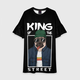 Детское платье 3D с принтом King Street в Курске, 100% полиэстер | прямой силуэт, чуть расширенный к низу. Круглая горловина, на рукавах — воланы | animal | art | brutal | dog | illustration | king | of | pug | street | the | арт | брутальный | бульдог | в | животное | зверь | король | надпись | одежде | очках | пёс | рамка | собака | текст | улиц | улицы | уличный | шапке
