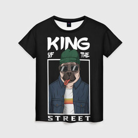 Женская футболка 3D с принтом King Street в Курске, 100% полиэфир ( синтетическое хлопкоподобное полотно) | прямой крой, круглый вырез горловины, длина до линии бедер | animal | art | brutal | dog | illustration | king | of | pug | street | the | арт | брутальный | бульдог | в | животное | зверь | король | надпись | одежде | очках | пёс | рамка | собака | текст | улиц | улицы | уличный | шапке