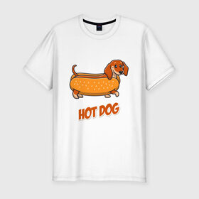 Мужская футболка хлопок Slim с принтом Hot Dog в Курске, 92% хлопок, 8% лайкра | приталенный силуэт, круглый вырез ворота, длина до линии бедра, короткий рукав | dog | fast food | hot dog | булка | собака