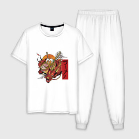 Мужская пижама хлопок с принтом Красный Дракон Рамен в Курске, 100% хлопок | брюки и футболка прямого кроя, без карманов, на брюках мягкая резинка на поясе и по низу штанин
 | anime | art | bowl | japan | kanji | manga | ramen | red dragon | soup | аниме про еду | аниме про рамен | анимешник | арт | боул | иероглифы | йероглифы | кандзи | кафе из другого мира | китайский дракон | лапша | манга | миска