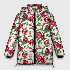 Женская зимняя куртка Oversize с принтом Узор из красных роз в Курске, верх — 100% полиэстер; подкладка — 100% полиэстер; утеплитель — 100% полиэстер | длина ниже бедра, силуэт Оверсайз. Есть воротник-стойка, отстегивающийся капюшон и ветрозащитная планка. 

Боковые карманы с листочкой на кнопках и внутренний карман на молнии | art | flora | floral | flower | pattern | red flowers | roses | thorns | арт | букет | бутоны | иллюстрация | колючки | красная роза | листья | огород | паттерн | растения | рисунок | розы | сад | садовая роза | узоры | флора | флор