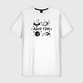 Мужская футболка хлопок Slim с принтом 12 апреля - День Космонавтики в Курске, 92% хлопок, 8% лайкра | приталенный силуэт, круглый вырез ворота, длина до линии бедра, короткий рукав | 12 апреля | астероид | космонавтика | космос | летающая тарелка | планета | ракета | сатурн
