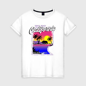 Женская футболка хлопок с принтом California в Курске, 100% хлопок | прямой крой, круглый вырез горловины, длина до линии бедер, слегка спущенное плечо | california | coast | загар | закат | калифорния | медведь | море | отдых | пляж