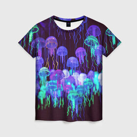 Женская футболка 3D с принтом Неоновые медузы в Курске, 100% полиэфир ( синтетическое хлопкоподобное полотно) | прямой крой, круглый вырез горловины, длина до линии бедер | вода | животные | медузы | неон | неоновые