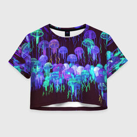Женская футболка Crop-top 3D с принтом Неоновые медузы в Курске, 100% полиэстер | круглая горловина, длина футболки до линии талии, рукава с отворотами | вода | животные | медузы | неон | неоновые