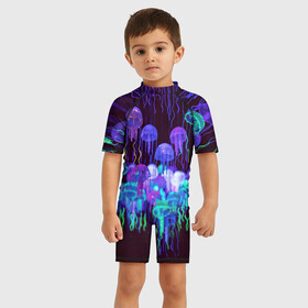 Детский купальный костюм 3D с принтом Неоновые медузы в Курске, Полиэстер 85%, Спандекс 15% | застежка на молнии на спине | вода | животные | медузы | неон | неоновые