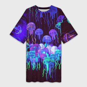 Платье-футболка 3D с принтом Неоновые медузы в Курске,  |  | вода | животные | медузы | неон | неоновые