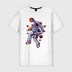 Мужская футболка хлопок Slim с принтом Space Dank в Курске, 92% хлопок, 8% лайкра | приталенный силуэт, круглый вырез ворота, длина до линии бедра, короткий рукав | space dank | астронавт | баскет | баскетбол | космический данк | космонавт | мяч | сверху | скафандр | шлем