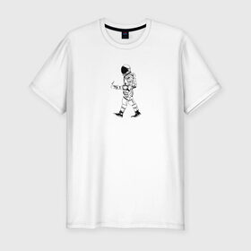 Мужская футболка хлопок Slim с принтом Космонавт с кофе в Курске, 92% хлопок, 8% лайкра | приталенный силуэт, круглый вырез ворота, длина до линии бедра, короткий рукав | астронавт | день космонавтики | космонавт | кофе | полет