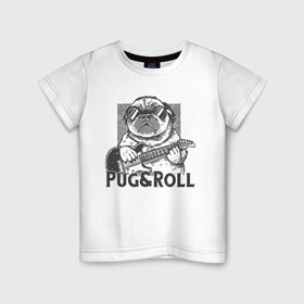 Детская футболка хлопок с принтом Pug & Roll в Курске, 100% хлопок | круглый вырез горловины, полуприлегающий силуэт, длина до линии бедер | dog | drawing | guitar | music | pop art | pug | rock and roll | гитара | мопс | музыка | очки | пес | поп арт | рисунок | рок н ролл | собака