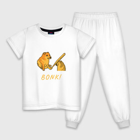 Детская пижама хлопок с принтом Doge Bonk go to horny jail в Курске, 100% хлопок |  брюки и футболка прямого кроя, без карманов, на брюках мягкая резинка на поясе и по низу штанин
 | Тематика изображения на принте: 8 бит | 8bit | anime | cheems | chims | meme | pixel art | pixelart | аниме | бита | бонк | бьет | доге | мем | новый мем | пиксель арт | с бейсбольной битой | с битой | собака бьет другую собаку | тюр