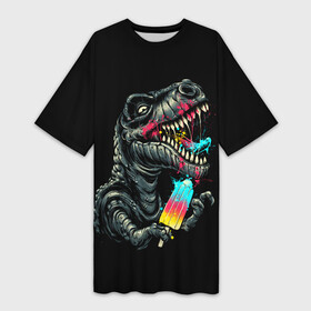 Платье-футболка 3D с принтом T REX ЕСТ МОРОЖЕНОЕ в Курске,  |  | dino | dinosauria | t rex | ti rex | дино | динозавр | парк юрского | т рекс | ти рекс | чудовище | юрский период | ящер | ящерица