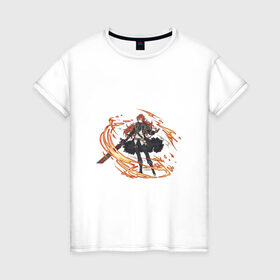 Женская футболка хлопок с принтом Дилюк в Курске, 100% хлопок | прямой крой, круглый вырез горловины, длина до линии бедер, слегка спущенное плечо | арт | волчья погибель | дилюк | меч | милый парень | огонь | пламя | рисунок