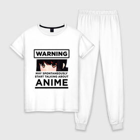 Женская пижама хлопок с принтом Warning ANIME в Курске, 100% хлопок | брюки и футболка прямого кроя, без карманов, на брюках мягкая резинка на поясе и по низу штанин | Тематика изображения на принте: about | anime | art | cartoon | chan | cute | girl | japan | kawai | logo | manga | may | otaku | rwby | spontaneously | start | talking | text | tyan | warning | аниме | арт | девушка | заговорить | лицо | манга | милая | может | надпись | об | отаку | п