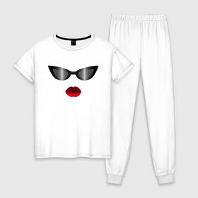 Женская пижама хлопок с принтом Черные очки с красными губами в Курске, 100% хлопок | брюки и футболка прямого кроя, без карманов, на брюках мягкая резинка на поясе и по низу штанин | for stylish | gradient | kiss | lipstick | plump lips | red lips | градиент | для стильных | красные губы | модные очки | помада | поцелуй | пухлые губы | черные очки