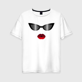 Женская футболка хлопок Oversize с принтом Черные очки с красными губами в Курске, 100% хлопок | свободный крой, круглый ворот, спущенный рукав, длина до линии бедер
 | for stylish | gradient | kiss | lipstick | plump lips | red lips | градиент | для стильных | красные губы | модные очки | помада | поцелуй | пухлые губы | черные очки