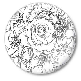 Значок с принтом Тату цветы в Курске,  металл | круглая форма, металлическая застежка в виде булавки | белый | лилия | подсолнух | роза | тату | цветы | черный