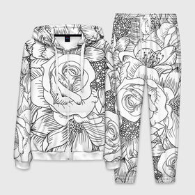 Мужской костюм 3D с принтом Тату цветы в Курске, 100% полиэстер | Манжеты и пояс оформлены тканевой резинкой, двухслойный капюшон со шнурком для регулировки, карманы спереди | белый | лилия | подсолнух | роза | тату | цветы | черный