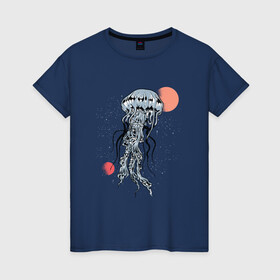 Женская футболка хлопок с принтом Космическая медуза в Курске, 100% хлопок | прямой крой, круглый вырез горловины, длина до линии бедер, слегка спущенное плечо | art | elon musk | jellyfish | mars | medusa | meduza | moon | nasa | space | spacex | арт | астероид | в космосе | желе | иллюстрация | илон маск | космический дизайн | космос | луна | марс | медузник | на луне | наса | нло | сатурн | спей