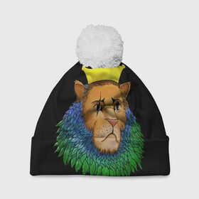 Шапка 3D c помпоном с принтом Lion_art в Курске, 100% полиэстер | универсальный размер, печать по всей поверхности изделия | king | lion | корона | кошка | лев | перья | царь | царь зверей
