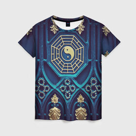 Женская футболка 3D с принтом Золотой Инь-Янь в Курске, 100% полиэфир ( синтетическое хлопкоподобное полотно) | прямой крой, круглый вырез горловины, длина до линии бедер | золото | инь янь | китай | китайские узоры | узоры