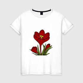 Женская футболка хлопок с принтом Красные тюльпаны в Курске, 100% хлопок | прямой крой, круглый вырез горловины, длина до линии бедер, слегка спущенное плечо | картинки | лето | листья | популярные | прикольные | природа | тренды | тюльпаны | цветы
