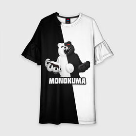 Детское платье 3D с принтом МОНОКУМА в Курске, 100% полиэстер | прямой силуэт, чуть расширенный к низу. Круглая горловина, на рукавах — воланы | anime | danganronpa | enoshima | junko | monokuma | аниме | джунко | игра | манга | медведь | монокума | робот медведь | эношима