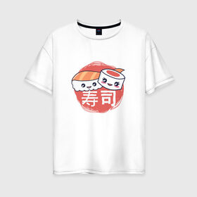 Женская футболка хлопок Oversize с принтом Кусочки суши и роллов в Курске, 100% хлопок | свободный крой, круглый ворот, спущенный рукав, длина до линии бедер
 | cute | japan | japanese | kanji | kawaii | rolls | sushi | иероглифы | кавайи | кавайные суши | кандзи | культура | любитель суши | милота | милые суши | нигири | ролл | роллы | сашими | суси | фаст фуд | фастфуд | хирагана