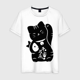 Мужская футболка хлопок с принтом Манэки-нэко в Курске, 100% хлопок | прямой крой, круглый вырез горловины, длина до линии бедер, слегка спущенное плечо. | животное | зверь | кот | кот качает лапой | кот с рыбой | кошка | манэки нэко