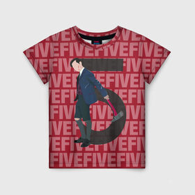 Детская футболка 3D с принтом FIVE FIVE FIVE в Курске, 100% гипоаллергенный полиэфир | прямой крой, круглый вырез горловины, длина до линии бедер, чуть спущенное плечо, ткань немного тянется | umbrella academy | академия амбрелла | клаус харгривз | номер пять | роберт шиэн