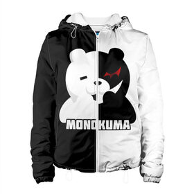 Женская куртка 3D с принтом MONOKUMA  МОНОКУМА BEAR в Курске, ткань верха — 100% полиэстер, подклад — флис | прямой крой, подол и капюшон оформлены резинкой с фиксаторами, два кармана без застежек по бокам, один большой потайной карман на груди. Карман на груди застегивается на липучку | anime | danganronpa | enoshima | junko | monokuma | аниме | джунко | игра | манга | медведь | монокума | робот медведь | эношима