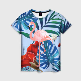 Женская футболка 3D с принтом Фламинго в папоротнике в Курске, 100% полиэфир ( синтетическое хлопкоподобное полотно) | прямой крой, круглый вырез горловины, длина до линии бедер | папоротник | птица | рисунок | тропики | фламинго | фламинго в папоротнике