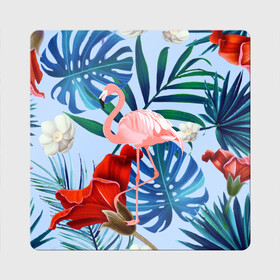 Магнит виниловый Квадрат с принтом Фламинго в папоротнике в Курске, полимерный материал с магнитным слоем | размер 9*9 см, закругленные углы | папоротник | птица | рисунок | тропики | фламинго | фламинго в папоротнике