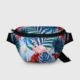 Поясная сумка 3D с принтом Фламинго в папоротнике в Курске, 100% полиэстер | плотная ткань, ремень с регулируемой длиной, внутри несколько карманов для мелочей, основное отделение и карман с обратной стороны сумки застегиваются на молнию | папоротник | птица | рисунок | тропики | фламинго | фламинго в папоротнике