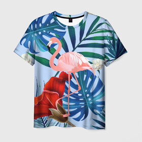 Мужская футболка 3D с принтом Фламинго в папоротнике в Курске, 100% полиэфир | прямой крой, круглый вырез горловины, длина до линии бедер | папоротник | птица | рисунок | тропики | фламинго | фламинго в папоротнике