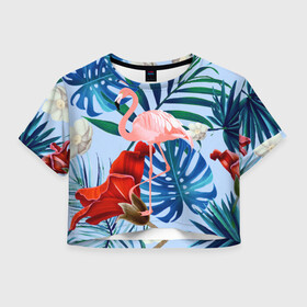Женская футболка Crop-top 3D с принтом Фламинго в папоротнике в Курске, 100% полиэстер | круглая горловина, длина футболки до линии талии, рукава с отворотами | папоротник | птица | рисунок | тропики | фламинго | фламинго в папоротнике