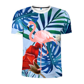 Мужская футболка 3D спортивная с принтом Фламинго в папоротнике в Курске, 100% полиэстер с улучшенными характеристиками | приталенный силуэт, круглая горловина, широкие плечи, сужается к линии бедра | Тематика изображения на принте: папоротник | птица | рисунок | тропики | фламинго | фламинго в папоротнике
