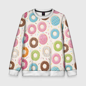 Детский свитшот 3D с принтом Пончики / Donuts в Курске, 100% полиэстер | свободная посадка, прямой крой, мягкая тканевая резинка на рукавах и понизу свитшота | bagel | cookies | donut | pastry | pie | ring | бублик | выпечка | колечко | печенье | пирожок | пончик