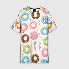 Детское платье 3D с принтом Пончики / Donuts в Курске, 100% полиэстер | прямой силуэт, чуть расширенный к низу. Круглая горловина, на рукавах — воланы | bagel | cookies | donut | pastry | pie | ring | бублик | выпечка | колечко | печенье | пирожок | пончик
