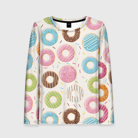Женский лонгслив 3D с принтом Пончики / Donuts в Курске, 100% полиэстер | длинные рукава, круглый вырез горловины, полуприлегающий силуэт | bagel | cookies | donut | pastry | pie | ring | бублик | выпечка | колечко | печенье | пирожок | пончик