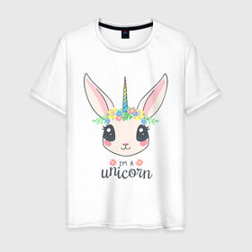 Мужская футболка хлопок с принтом Кролик-единорог в Курске, 100% хлопок | прямой крой, круглый вырез горловины, длина до линии бедер, слегка спущенное плечо. | animals | bunny | unicorn | единорог | животные | кролик
