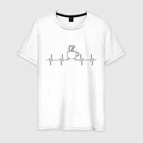 Мужская футболка хлопок с принтом Кофе на кардиограмме в Курске, 100% хлопок | прямой крой, круглый вырез горловины, длина до линии бедер, слегка спущенное плечо. | coffee | жизнь | кардиограмма | кофе
