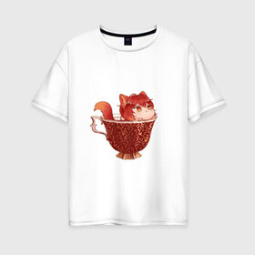 Женская футболка хлопок Oversize с принтом Котик Дилюк в Курске, 100% хлопок | свободный крой, круглый ворот, спущенный рукав, длина до линии бедер
 | арт | дилюк | кружка | кружка чая | милый парень | неко | рисунок | чашка