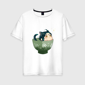 Женская футболка хлопок Oversize с принтом Котик Сяо в Курске, 100% хлопок | свободный крой, круглый ворот, спущенный рукав, длина до линии бедер
 | арт | кружка | кружка чая | милый парень | неко | рисунок | сяо | чашка